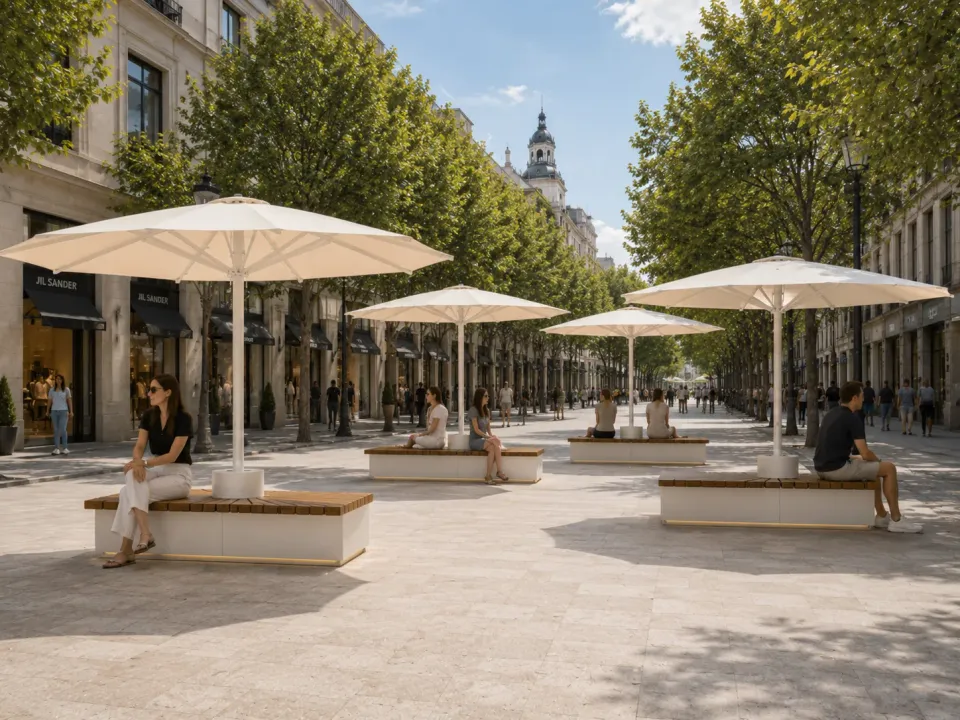 Helle Großschirme auf einem Stadtplatz mit Bäumen