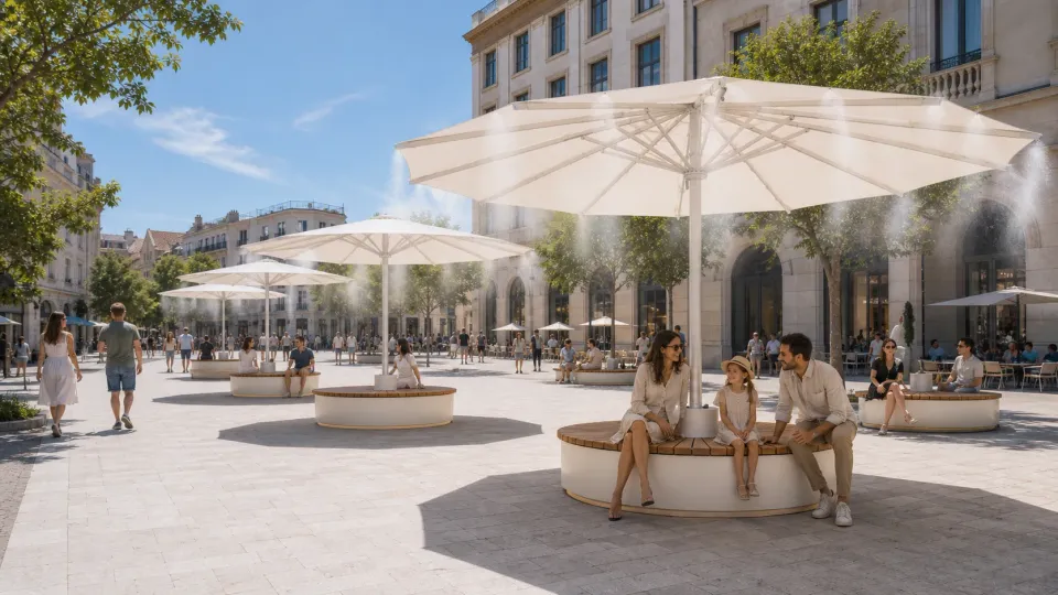 Stadtplatz mit hellen Großschirmen und Sitzbänken im Schatten